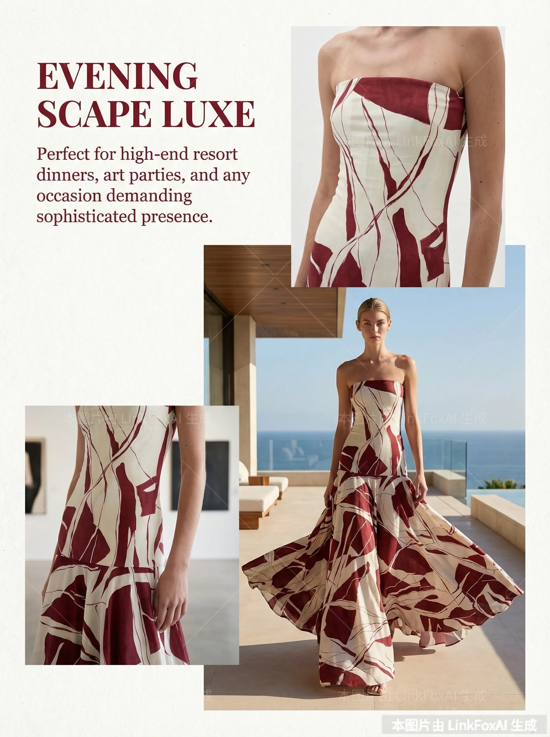 图片展示的是“Evening Scape Luxe”服装套图，适合高端度假晚宴、艺术派对等场合。画面中模特身着一件红色与白色相间的无肩带长裙，裙摆随风飘扬。左下角有模特穿着的裙子局部特写，展示了裙摆细节。右上角是模特的上半身特写，展示了裙子的肩带设计。该图片与文档中介绍的服装套图版式模版使用技巧及生成效果展示内容相关，直观呈现了套图的样式效果。
