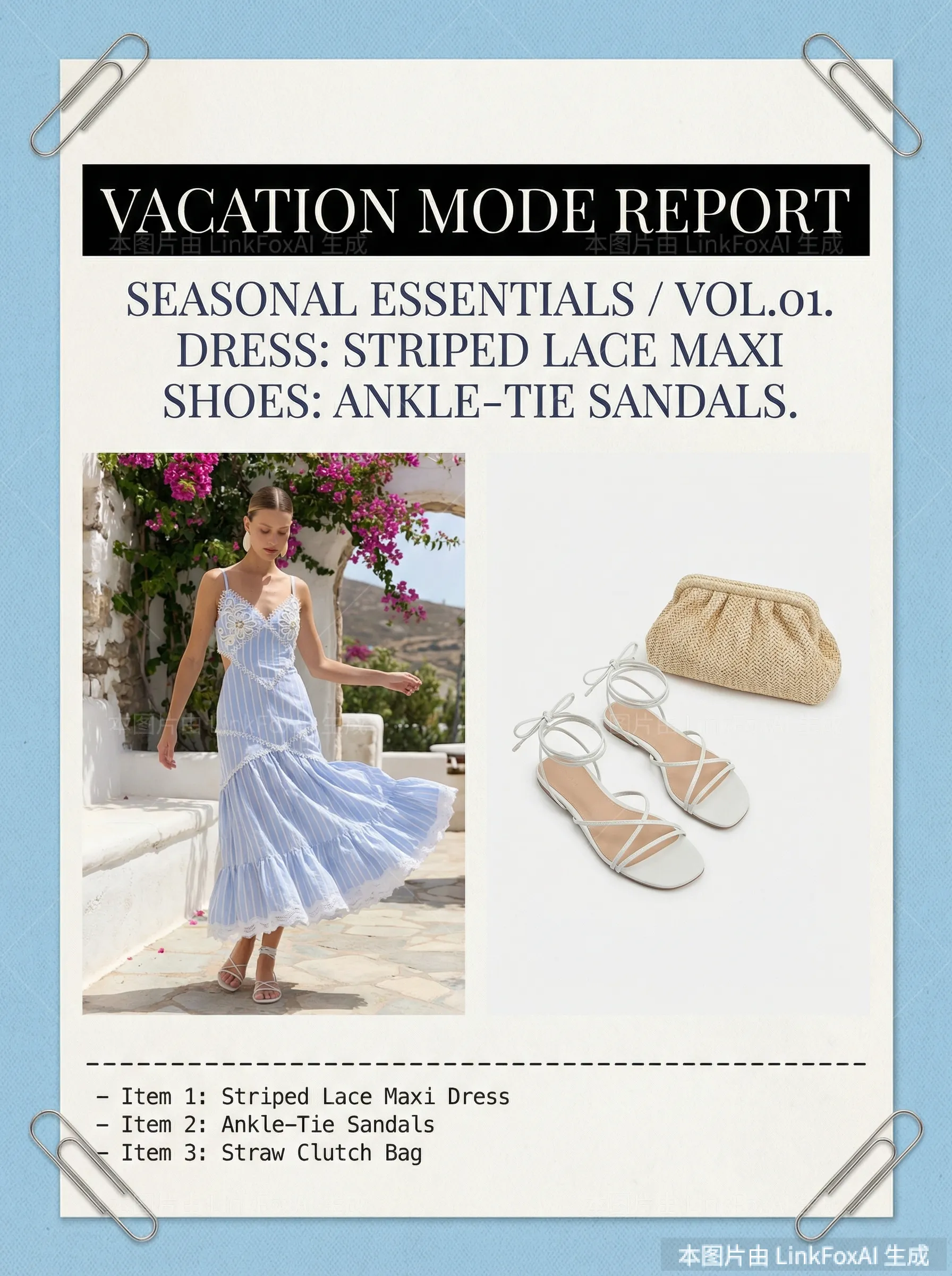 图片展示的是“VACATION MODE REPORT”版式模版生成效果。上方标题为“SEASONAL ESSENTIALS / VOL.01”，下方文字介绍服装搭配，包括条纹蕾丝长裙、踝带凉鞋、草编手拿包。左侧有模特穿着条纹蕾丝长裙的图片，右侧是白色凉鞋和草编手拿包的单独展示。底部列出物品清单。图片与文档中中介绍的版式模版使用技巧及生成效果展示内容相关，直观呈现了模版生成的服装套图效果。