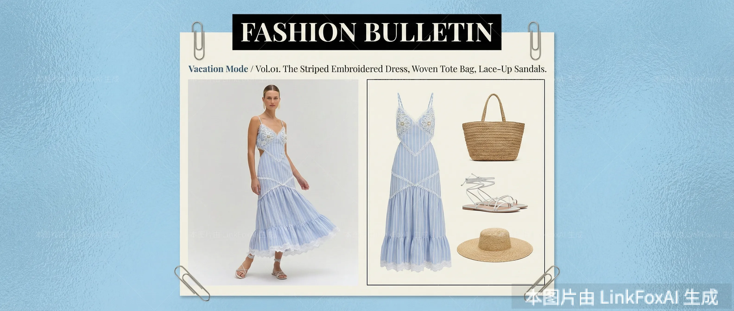 图片展示了一套服装 自动生成的服装套图。上方标题为“FASHION BULLETIN”，下方文字介绍为“Vacation Mode / VoLoi, The Striped Embroidered Dress, Woven Tote Bag, Lace-Up Sandals”。左侧是一位穿着蓝白条纹刺绣连衣裙的模特，右侧展示了连衣裙、编织托特包、绑带凉鞋和草帽等单品。图片底部标注“本图片由 LinkFoxAI 生成”。该图片与文档中介绍的服装套图版式模版使用技巧及生成效果展示内容相关，直观呈现了生成效果。