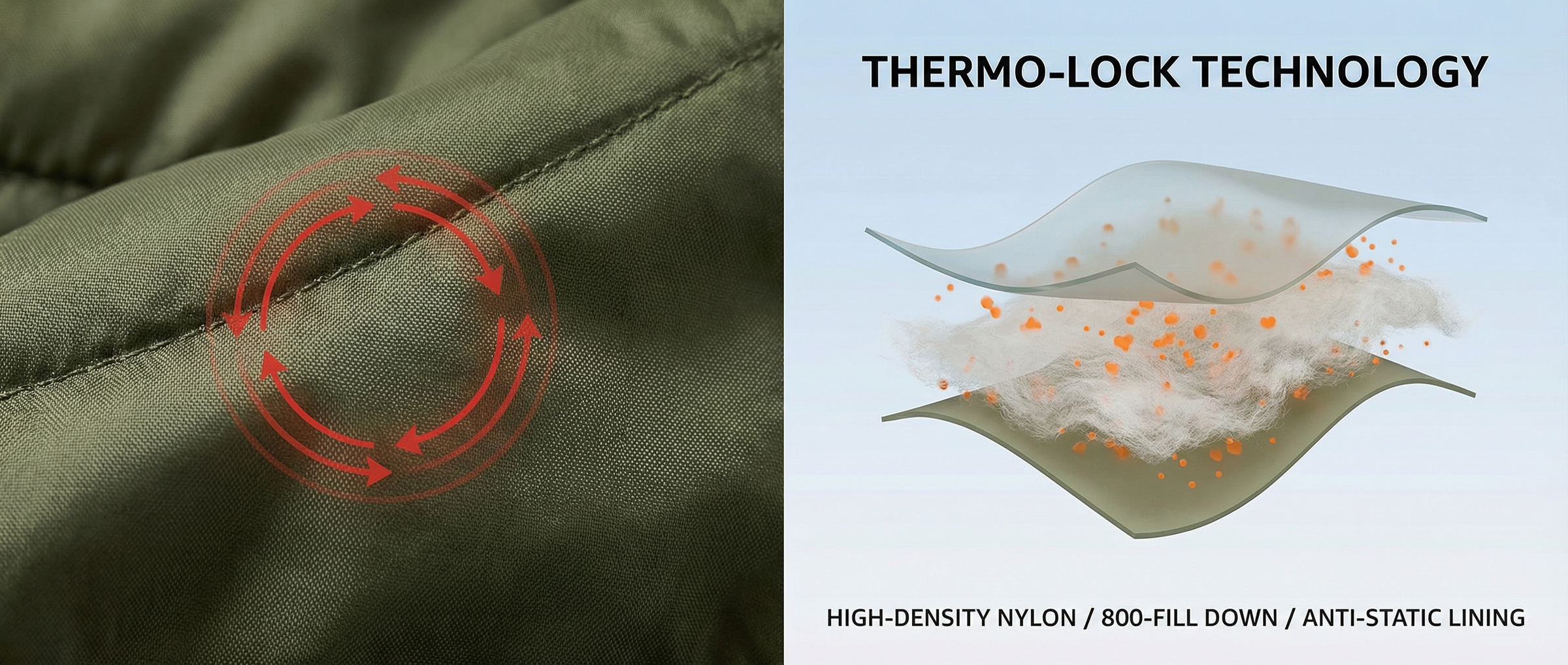 图片展示了Thermo-Lock Technology技术。左侧为绿色服装面料特写，面料表面有红色箭头组成的圆环标识。右侧是该技术的原理图，显示高密度尼龙、800填充羽绒和抗静电衬里三层结构，中间有橙色颗粒状物质，表明其保温原理。此图与文档中介绍服装套图版式模版使用技巧及生成效果展示的内容相关，直观呈现了服装面料及技术特点。