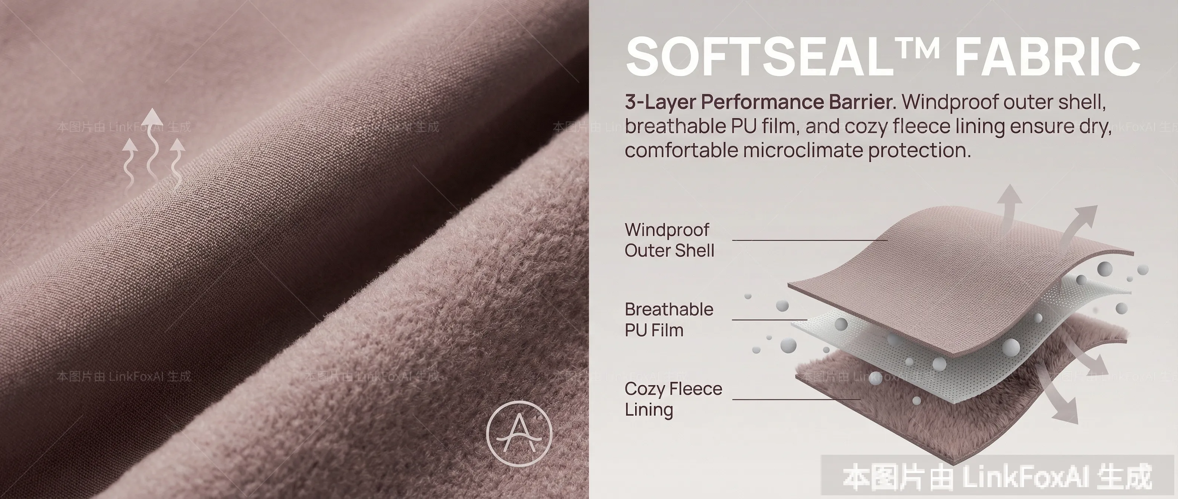 图片展示了SoftSeal™ Fabric的三层性能屏障结构。左侧为面料实物图，右侧配有文字说明。文字部分指出，该面料由防水外层、透气PU薄膜和柔软绒面衬里构成，确保干燥、舒适的微气候保护。