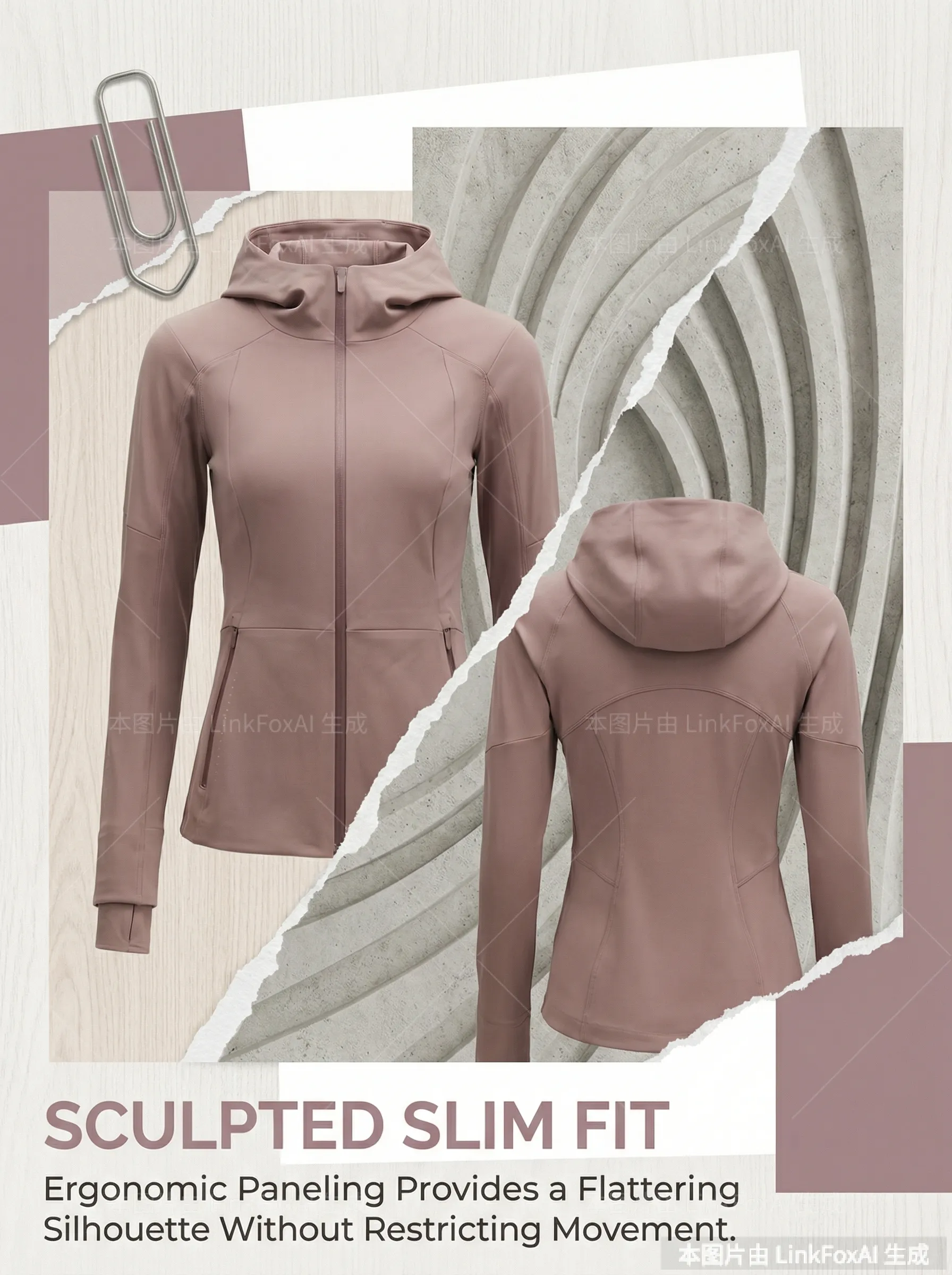 图片展示<qa:image></qa>展示了服装套图版式模版生成效果。画面中呈现了两件同款的粉色连帽运动外套，正面和背面各展示了一件，外套设计为拉链开合，带有连帽。背景为浅色木质纹理和灰色抽象图案，左侧有金属回形针装饰。底部文字为“SCULPTED SLIM FIT”，并配有“Ergonomic Paneling Provides a Flattering Silhouette Without Restricting Movement.”说明。此图与文档中介绍服装套图版式模版使用技巧及生成效果展示的内容相关，直观呈现了生成的服装展示效果。