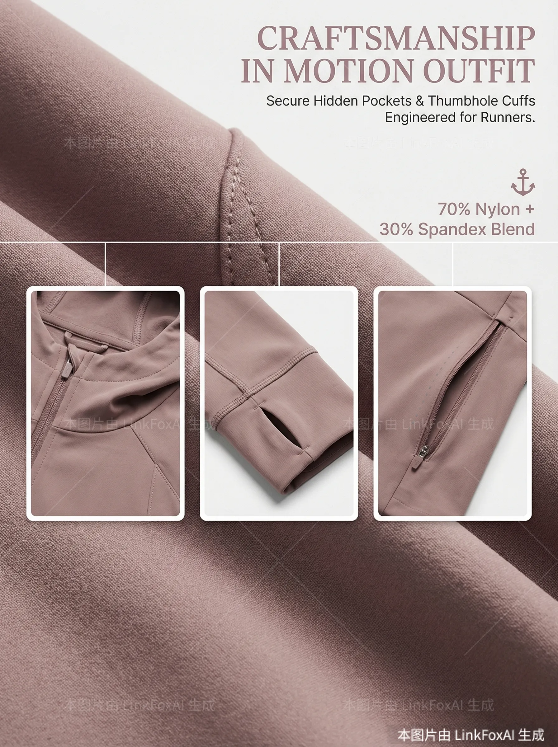 图片展示了一一款服装的细节部分。背景为深棕色，上方有“CRAFTSMANSHIP IN MOTION OUTFIT”等文字。画面中突出显示了服装的三个细节：左侧是带有拉链的口袋，中间是袖口处的拇指孔，右侧是拉链。图片下方标注“70% Nylon + 30% Spandex Blend”，并有船锚图案。该图片与文档中介绍服装套图版式模版使用技巧的内容相关，展示了服装的版式细节。