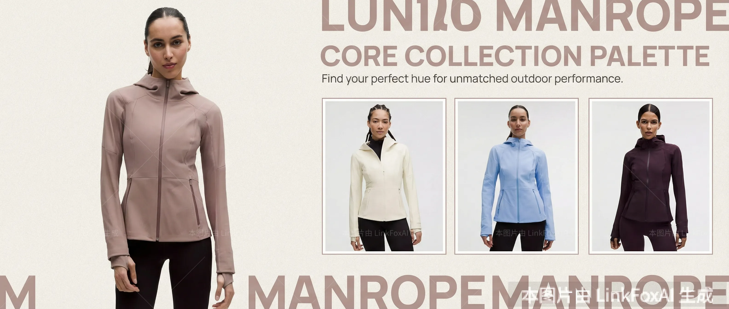 图片展示的是LUNA MANROPE品牌服装套图。左侧是一位穿着浅粉色外套的女性模特，背景为淡色背景。右侧有三张服装展示图，分别是白色、浅蓝色和深紫色的外套，外套下搭配黑色裤子，外套领口有拉链设计。图片上方有品牌名称及“CORE COLLECTION PALETTE”字样，下方提示“Find your perfect hue for unmatched outdoor performance.”。该图片与文档中服装套图版式模版使用技巧相关，展示了生成效果。