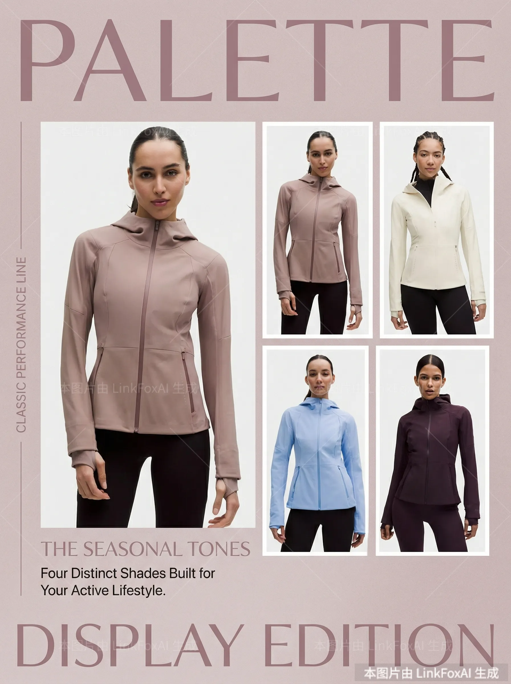 图片展示的是PALETTE服装套图版式模版生成效果。画面左侧是一位女性模特，穿着浅色紫色外套，搭配黑色裤子。右侧有四张小图，分别是不同颜色的同款外套，分别为浅紫色、粉色、白色、蓝色。背景为浅紫色，左侧竖排文字“CLASSIC PERFORMANCE LINE”“THE SEASONAL TONES Four Distinct Shades Built for Your Active Lifestyle.”，底部大字“DISPLAY EDITION”。图片与文档中介绍的服装设计套图版式模版使用技巧及生成效果展示内容相关，直观呈现文档中提到的生成效果。