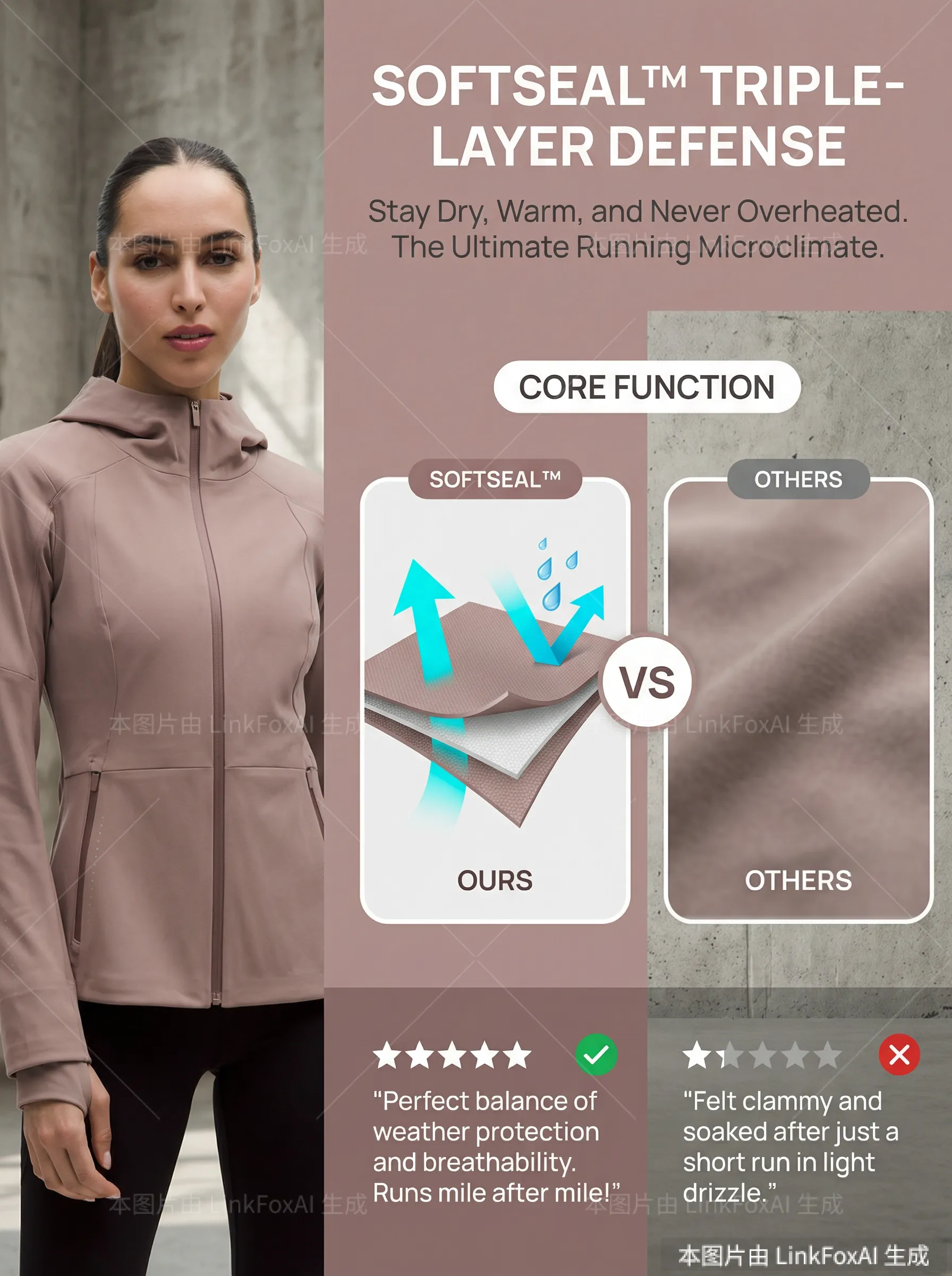图片展示了一款名为SOFTSEAL™ TRIPLE-LAYER的服装，强调其三重防护功能，保持干燥、温暖且不过热，是终极跑步微气候。画面左侧是一位穿着该服装的女性，右侧详细介绍了其核心功能，对比了“OURS”与“OTHERS”在天气保护和透气性上的优势。底部有用户评价，显示“OURS”在轻雨中跑步后仍保持干燥，而“OTHERS”则在小雨后变得湿漉漉的。该图与文档中介绍服装套图版式模版使用技巧的内容相关，展示了服装的宣传效果。
