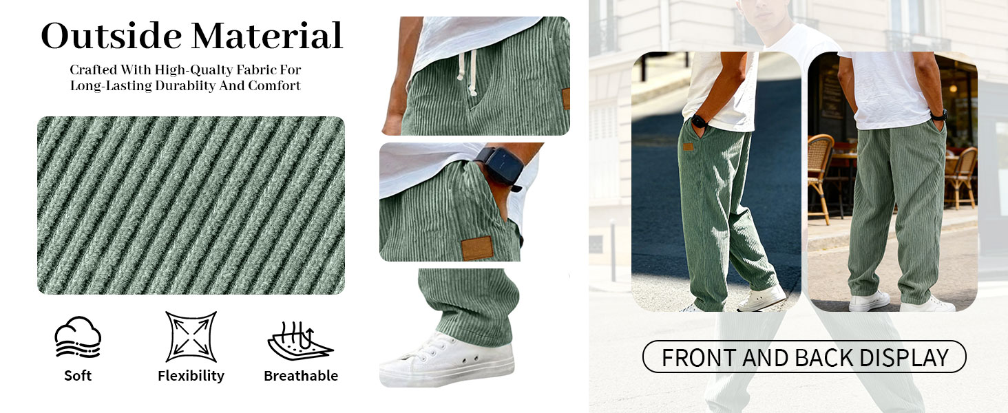 图片展示了服装套图版式模版的使用效果。左侧为“Outside Material”部分，说明面料采用高品质织物，耐用舒适，配有面料纹理图。中间展示了裤子的局部细节，如口袋、拉链等。右侧是裤子的前后展示图，模特穿着白色T恤搭配绿色裤子，背景为城市街景。图片与上下文紧密相关，直观呈现了版式模版生成的效果，帮助理解如何通过该模版展示服装细节。