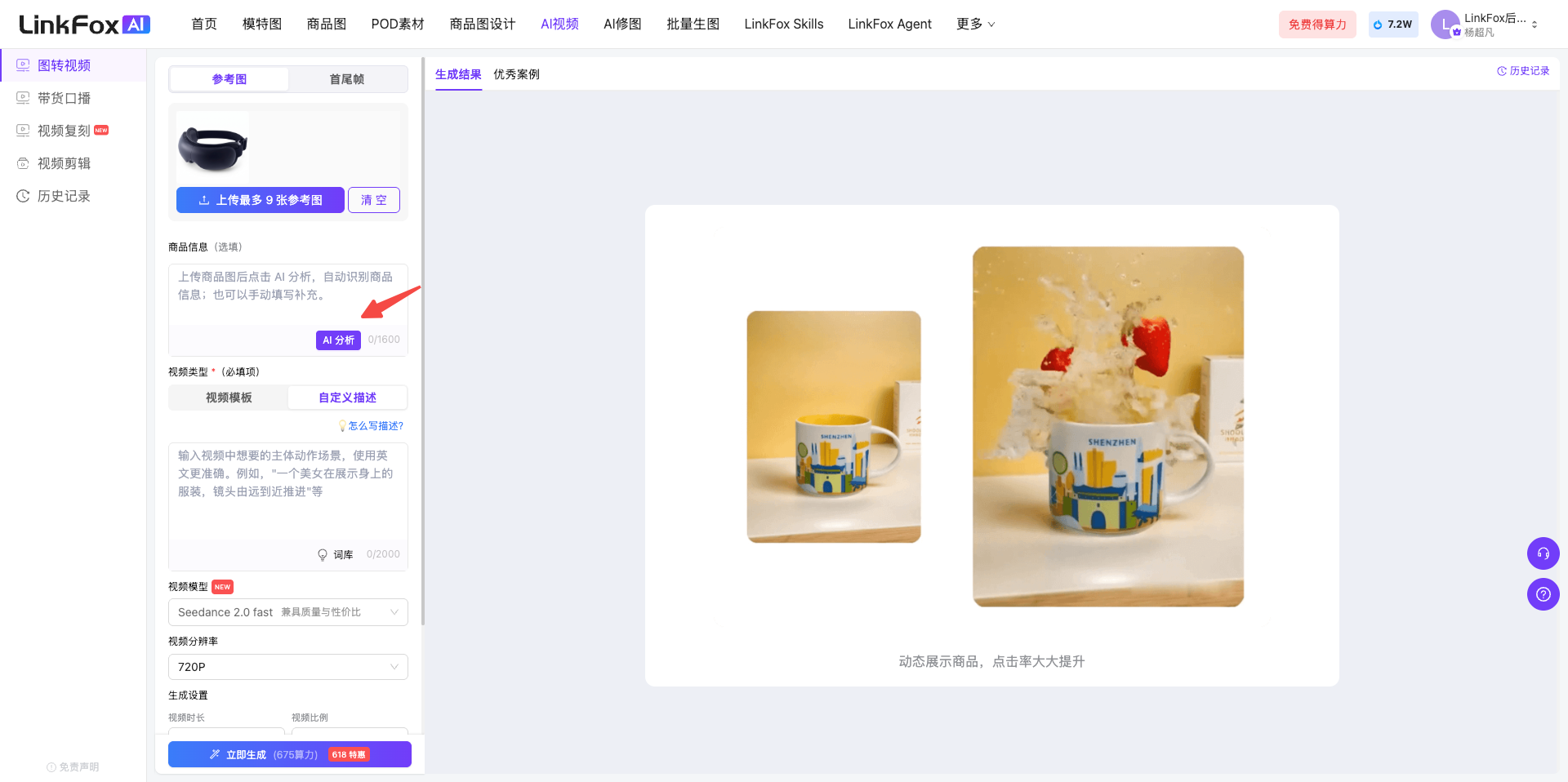 这是LinkFox AI平台图转视频功能的操作界面,界面左侧对应图转视频的操作区域,包含参考图、首尾帧两种生成模式选项,此处选中了参考图模式,箭头标识了“AI分析”按钮,对应上传商品图后可点击该按钮自动识别商品信息的操作要求;左侧还设有视频类型选择区,包含视频模版、自定义描述两种必填选项。界面右侧展示了示例内容,左侧是待操作的商品预览图,右侧是生成后的效果图,配有“动态展示商品,点击率大大提升”的文字说明,对应图转视频生成的商品动态预览效果。