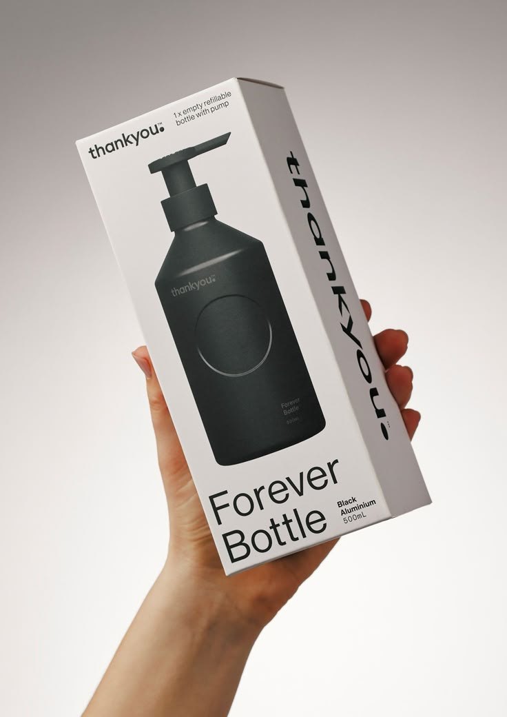 图片展示了一只手拿着“thankyou”品牌的“Forever Bottle”产品包装盒。包装盒为白色，正面印有黑色“thankyou”品牌标志及“Forever Bottle”字样，还标注有“1x empty refillable bottle with pump”和“Black Aluminium 500ml”。包装盒内是黑色的铝制水瓶，瓶身有“thankyou”字样。该图片位于文档中“产品包装图”部分，直观呈现了产品包装样式，与上下文介绍的图片翻译适用图片相契合。