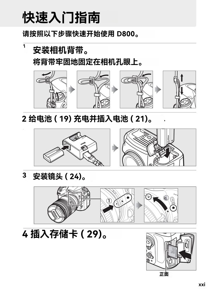 图片是尼康D800相机的快速入门指南，指导用户开始使用。内容包括安装相机背带、给电池充电并插入、安装镜头、插入存储卡等步骤，每一步配有操作示意图。如安装背带时，需将背带牢固地固定在相机孔眼上；给电池充电时，需将电池充电器连接到相机电池插槽；安装镜头时，需将镜头对准相机并旋转；插入存储卡时，需将存储卡插入相机存储卡插槽。该图片与上下文介绍的英文说明书内容相关，是英文说明书中的快速入门部分。