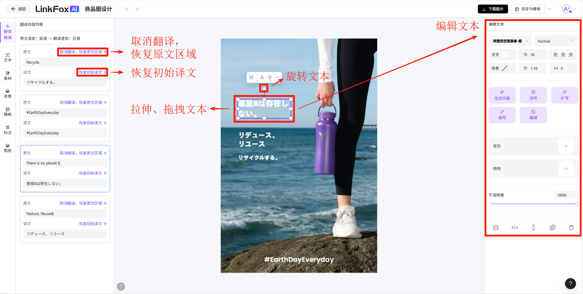 图片展示了LinkFox商品翻译界面，左侧为翻译内容列表，可取消翻译、恢复原文区域、恢复初始译文。中间画布区域显示一张图片，图中文字“那里は存在しない”被红框标注，可进行旋转、拉伸、拖拽等操作。右侧编辑文本栏可对字体、颜色、背景等进行调整。该图与上下文紧密相关，直观呈现了图片翻译中可进行的操作及界面布局。