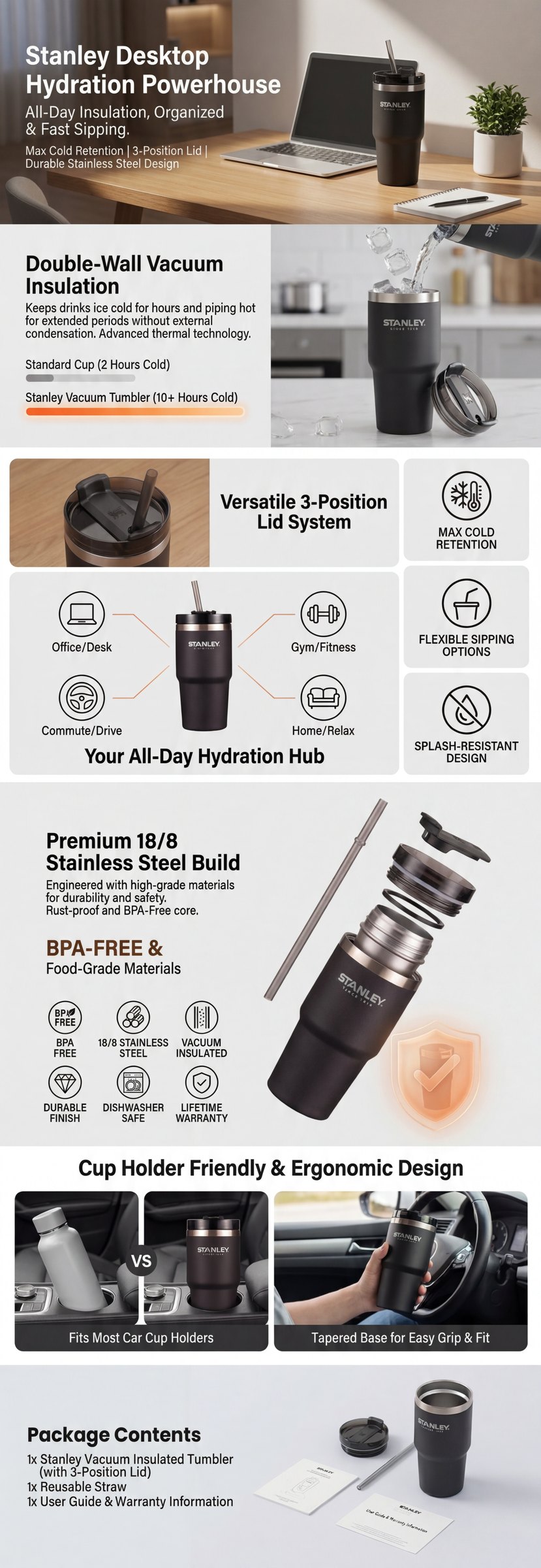 图片展示的是Stanley Desktop Hydration Powerhouse保温杯的复刻效果。上方标题介绍其特点，如全天候保温、360°旋转杯盖等。中部详细说明保温功能，可保持冰饮4小时、热饮24小时。右侧 自动生成