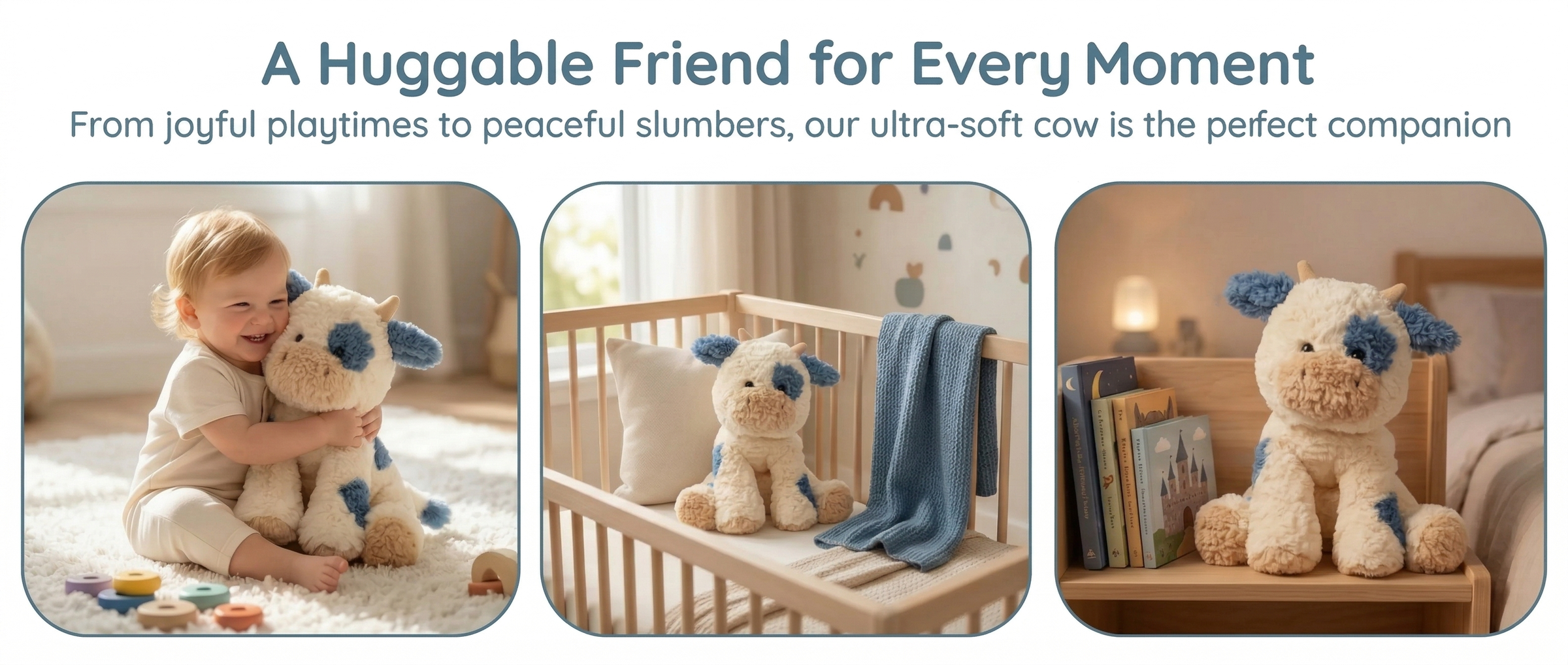 图片展示了一款超柔软的奶牛玩偶，标题为“A Huggable Friend for Every Moment”，强调其适合从欢乐的玩耍到宁静的睡眠等不同时刻。图片中，左侧是一个抱着奶牛玩偶的可爱小孩，右侧是奶牛玩偶放置在婴儿床和书架上的场景。该图片与文档中“效果展示”部分上下文对应，是单图复刻效果展示的示例，直观呈现了复刻后的生成效果。