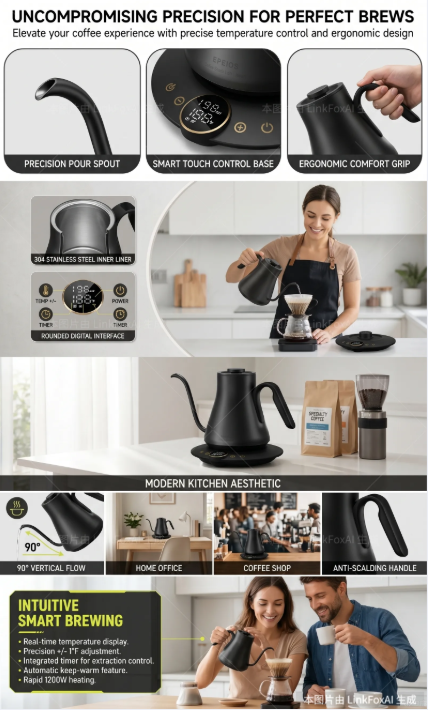 图片展示了一款智能咖啡壶的多图复刻效果。上方配有“UNCOMPROMISING PRECISION FOR PERFECT BREWS”等文字。中间部分有咖啡壶的多个细节图，如精准倒水口、智能触控底座、人体工学握把等。下方是一位女性在咖啡店使用咖啡壶冲泡咖啡，旁边有咖啡豆、滤纸等物品。底部介绍了咖啡壶的现代厨房美学、90°垂直水流、家用办公、咖啡店适用等特性，还标注了“ANTI-SCALDING HANDLE”等信息。
