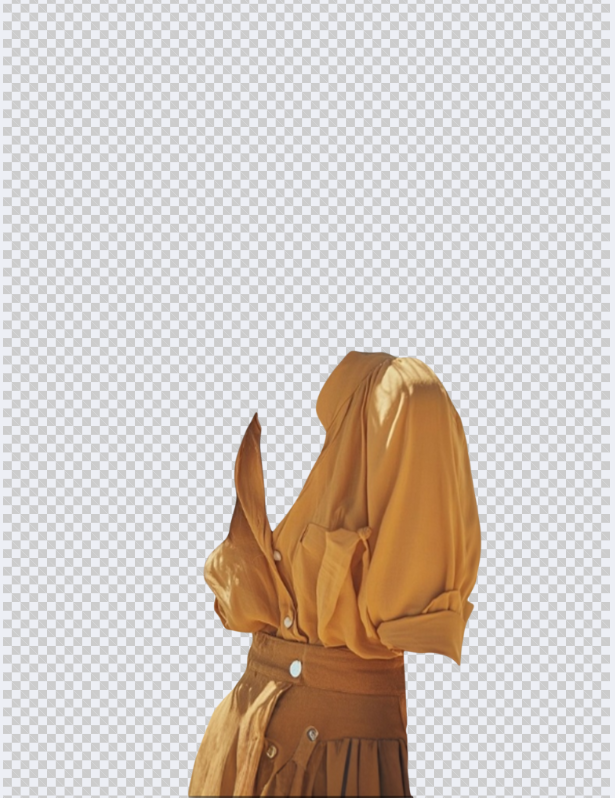图片展示的是真人换模特功能中抠图后的效果。画面中是一位穿着黄色上衣和棕色裙子的女性，上衣袖子卷起，上衣和裙子的材质看起来较为光滑。背景为透明，有明显的网格状图案，表明抠图已成功将人物从原背景中分离出来。该图片与上文“继续抠图”步骤相关，展示了使用“换头和背景”模式进行抠图后的结果，可直观看到人物主体被成功抠出。