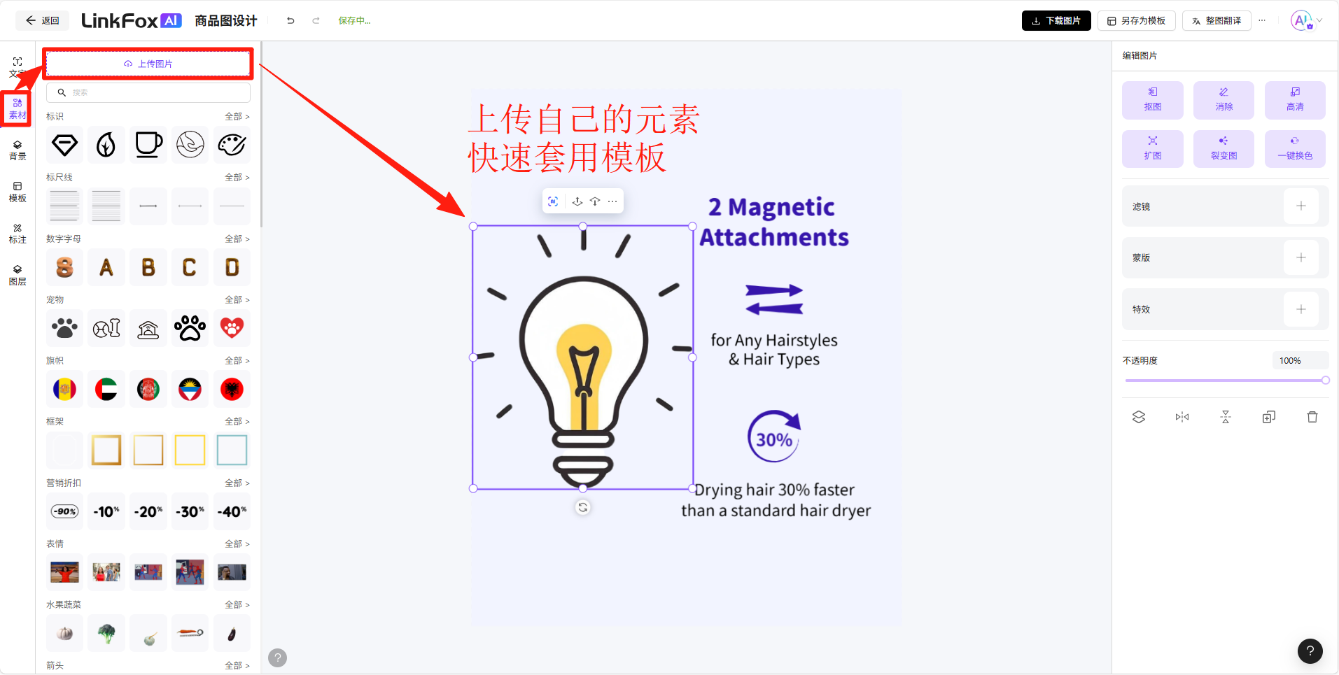 图片展示了LinkFox商品商品图设计的文档中商品图片左侧“上传自己的元素快速，快速套用数字序号标识步骤，且上下文也这张图片图片在上下文中对应的位置。如，图片id为图片和上下文的关系。如，图片id为图片中，图片图片的位置在文档中用图片所在位置。图片中，图片中，图片中，图片中，图片 addCriterion addCriterion addCriterion