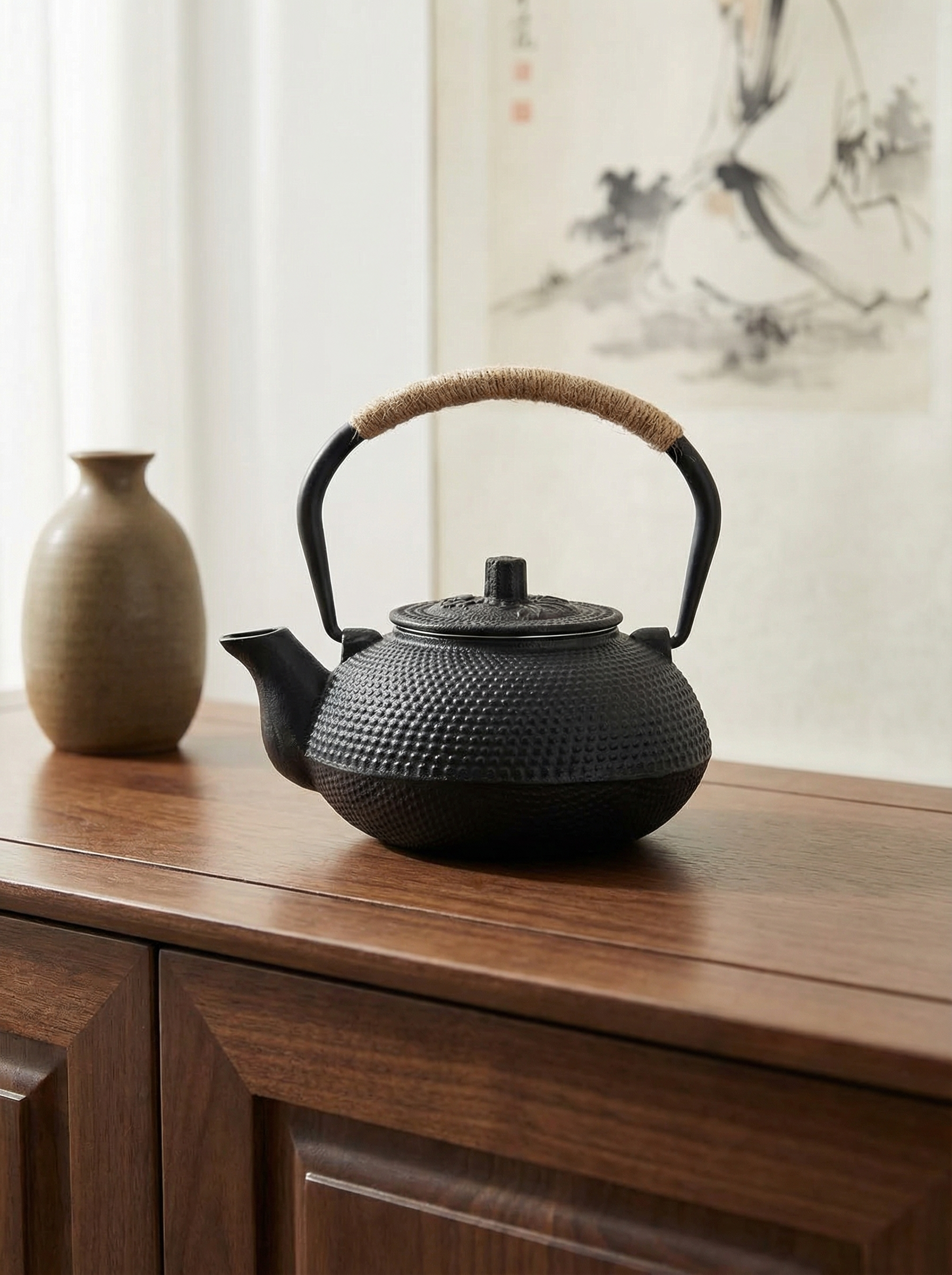 图片展示了一款黑色铸铁茶壶，壶身有凸起的菱形纹理，壶嘴和壶把为黑色，壶把处有编织的把手。茶壶置于木质桌面上，旁边摆放着一个棕色的陶罐。背景为白色窗帘，右侧墙上挂着一幅人物水墨画。该图片与文档中“商品套图”效果展示的内容相关，可能是用于展示商品的拍摄效果。