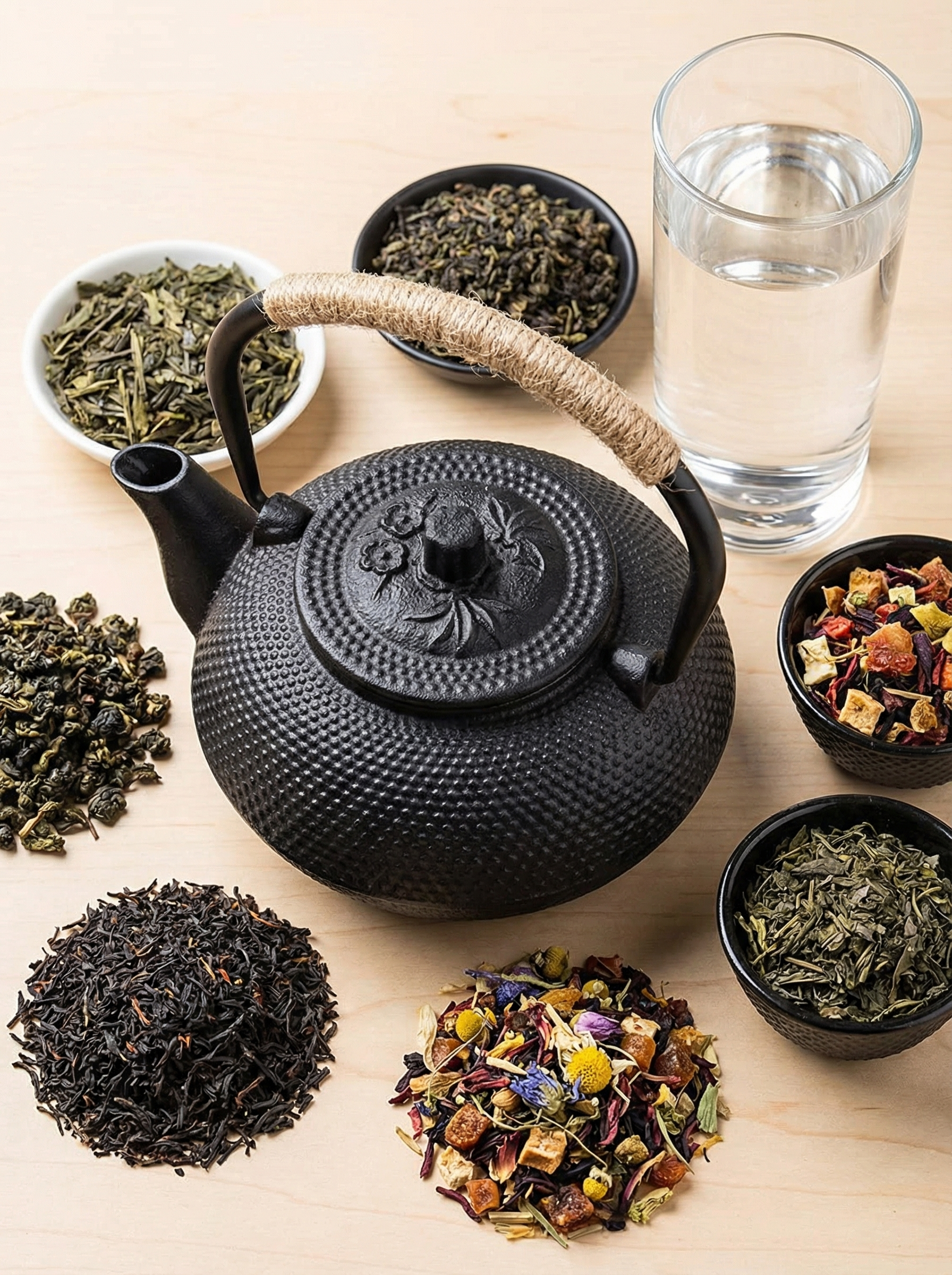 图片展示了一组茶具及茶品。画面中央是一个黑色的茶壶，壶盖上有花纹装饰，壶把为编织材质。茶壶周围摆放着多个小碗，分别装有不同种类的茶叶，包括绿茶、红茶、花茶等。画面右侧还有一杯透明玻璃杯，杯中装有水。这些物品均置于浅色木质桌面上，整体呈现出一种茶道氛围，与文档中商品套图的图片效果展示内容相契合。