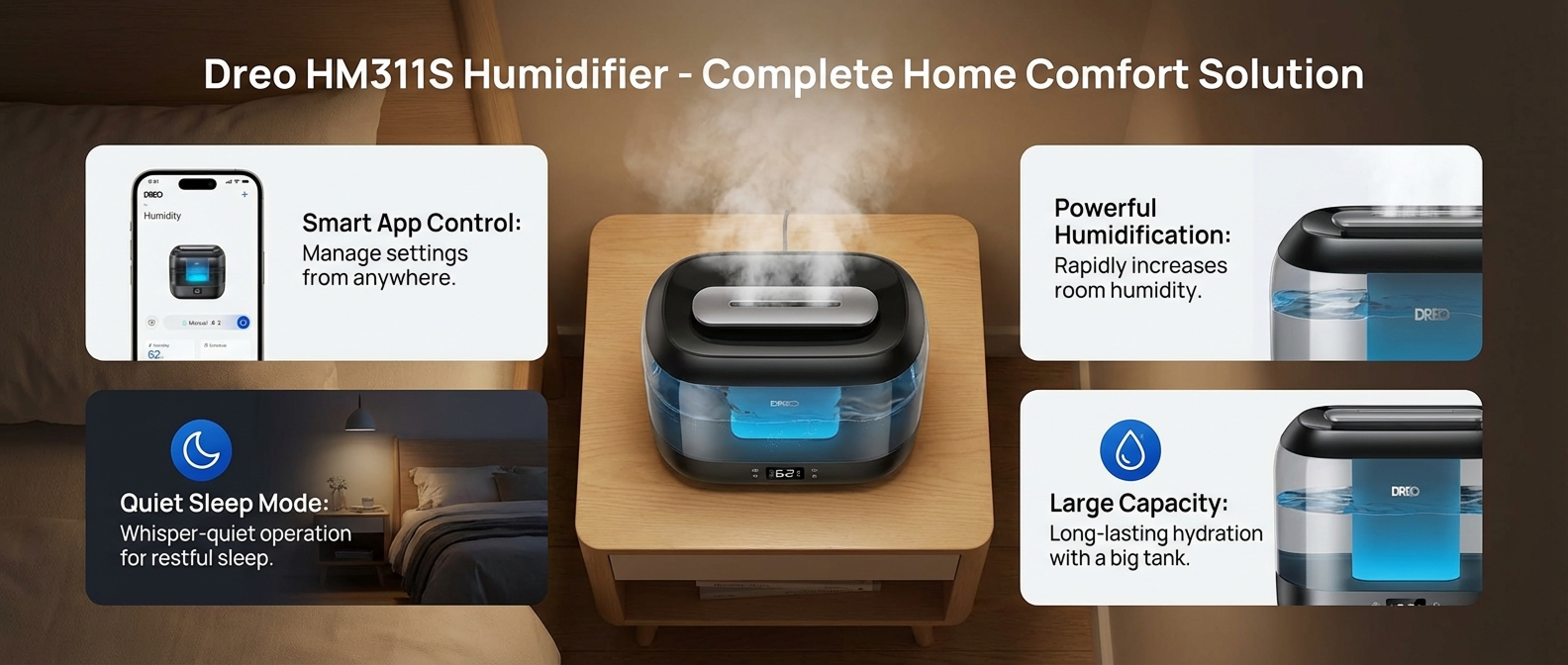 图片展示了Dreo HM311S加湿器，配文为“Complete Home Comfort Solution”。加湿器位于画面中间，正喷出雾气。其四周有四个白色矩形框介绍产品特点：左上框介绍“Smart App Control”，可远程管理设置；左下框介绍“Quiet Sleep Mode”，运行安静助眠；右上框介绍“Powerful Humidification”，能快速提升房间湿度；右下框介绍“Large Capacity”，大水箱可持久保湿。此图是商品套图版式模版的生成效果展示案例。