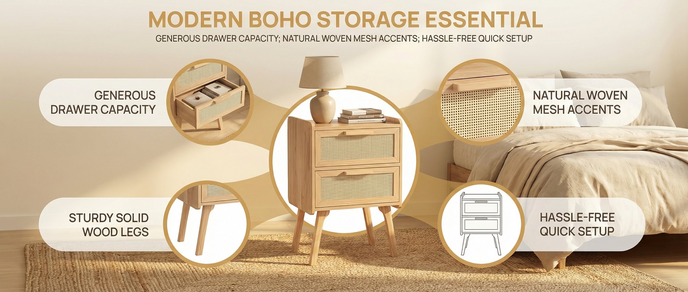 图片展示的是“MODERN BOHO STORAGE ESSENTIAL”系列储物家具。画面中，主体为一款带有编织网面装饰的木质床头柜，配有两层抽屉。周围以圆环标注了其特点：左侧“STURDY SOLID WOOD LEGS”（坚固的实木腿）、下方“GENEROUS DRAWER CAPACITY”（大容量抽屉）、右侧“HASSLE-FREE QUICK SETUP”（轻松快速组装）、右上“NATURAL WOVEN MESH ACCENTS”（自然编织网面装饰）。背景为卧室场景，床铺整洁，营造出简约自然的氛围。