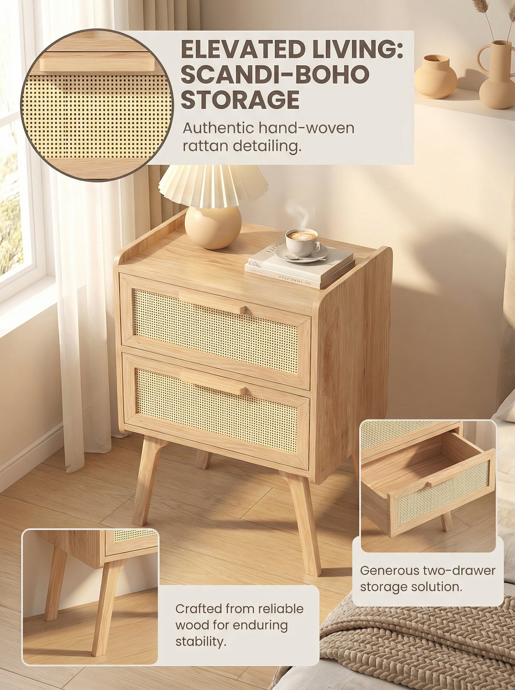 图片展示的是“ELEVATED LIVING: SCANDI-BOHO STORAGE”系列的储物柜。柜体为浅木色，配有两层抽屉，抽屉表面有编织纹理。柜子置于木质地板上，旁边有白色窗帘和台灯，背景墙边摆放着花瓶等装饰品。图片左下角有小图示，标注“Crafted from reliable wood for enduring stability.”，右下角标注“Generous two-drawer storage solution.”，突出其材质和储物功能。