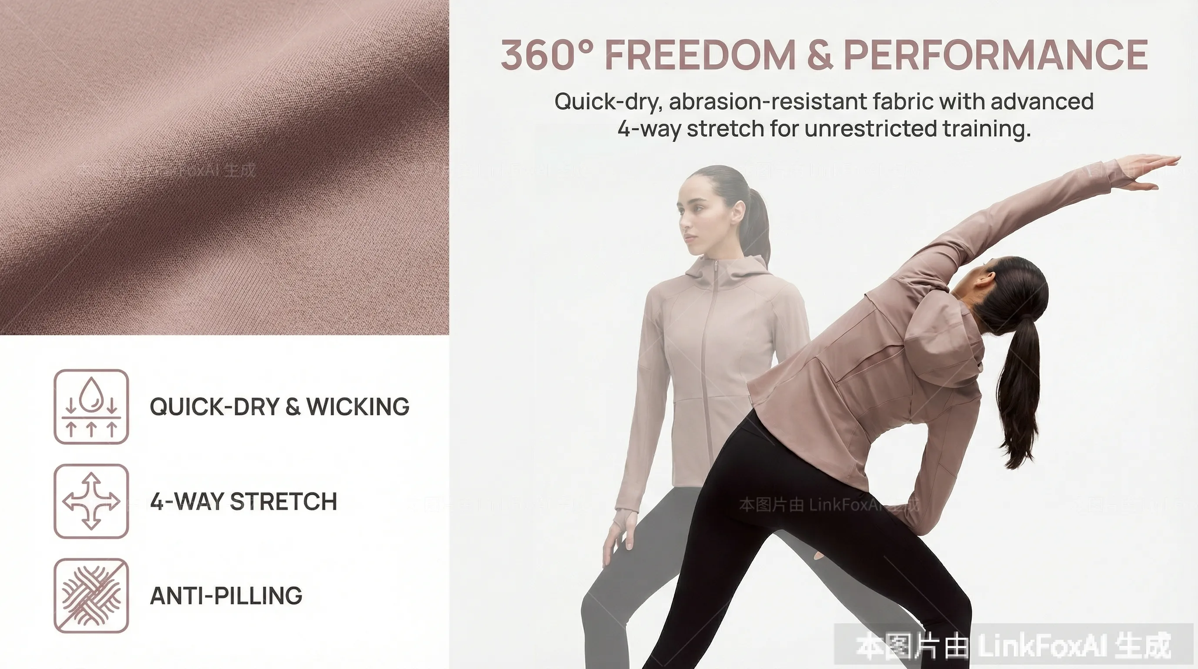 图片展示了一款运动服装的宣传图。左侧为面料特写，右侧是穿着该服装的女性模特，她正在进行拉伸动作。上方文字“360° FREEDOM &amp; PERFORMANCE”，下方介绍面料为速干、耐磨、具有先进四向弹性的面料，适合无限制训练。左下角有“QUICK-DRY &amp; WICKING”“4-WAY STRETCH”“ANTI-PILLING”三个功能标识。该图与文档中介绍商品套图版式模版使用技巧的内容相关，展示了生成效果。