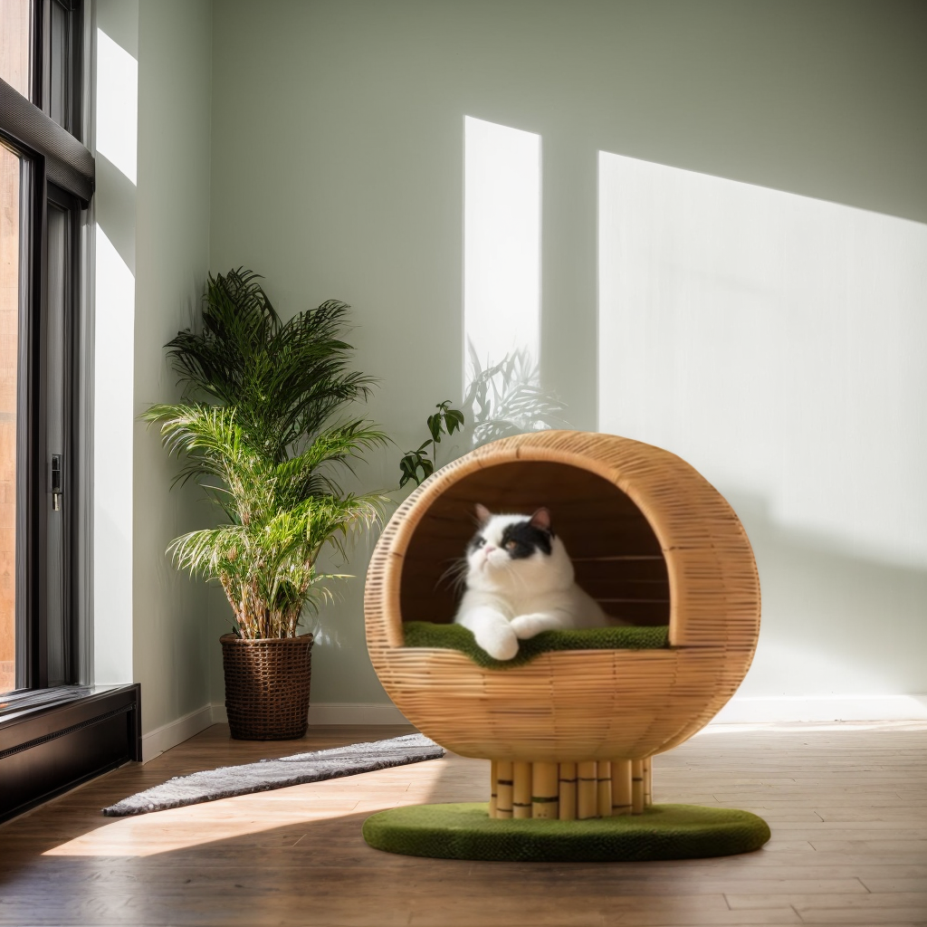 图片展示的是宠物场景裂变效果。画面中，一只黑白相间的猫咪躺在一个圆形竹制宠物窝里，窝底铺有绿色垫子，窝旁摆放着一盆高大的绿植。背景为浅绿色墙面，阳光透过窗户洒入室内，营造出温馨舒适的氛围。该图片与文档中介绍的LinkFoxAI场景裂变功能相契合，展示了适用于宠物用品品类的裂变效果。