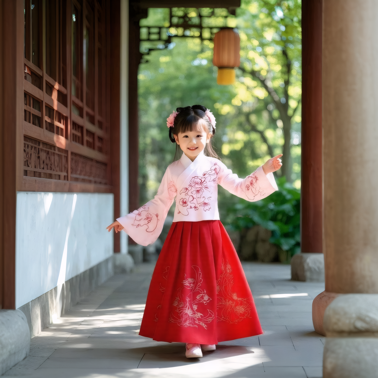 这张图片展示了一位身着粉白绣花上衣与红色绣花长裙的小女孩，在中式传统风格的庭院连廊中行走，她发髻上搭配粉色花饰，面带笑容，姿态灵动。该图片对应场景裂变功能的人物场景展示，是LinkFoxAI「商品图」-「场景裂变」功能生成的人物场景裂变效果示例，体现了该功能可自动适配生成对应背景的特点，符合其适用于各类品类的功能定位。