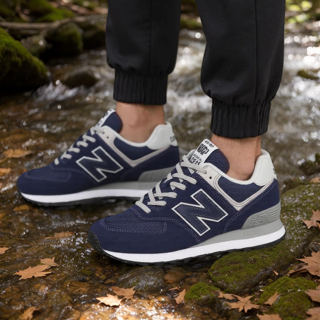 图片展示了一双深蓝色的New Balance运动鞋，鞋面有白色“N”标志，鞋带为白色。鞋子放置在溪流旁的石头上，周围有绿苔覆盖的石头和落叶，背景是流动的溪水，溪水旁有树木和灌木丛。此图与文档中“鞋子场景”裂变效果相关，用于展示LinkFoxAI场景裂变功能在鞋服品类中的应用，可智能裂变场景，生成适配背景的图片。