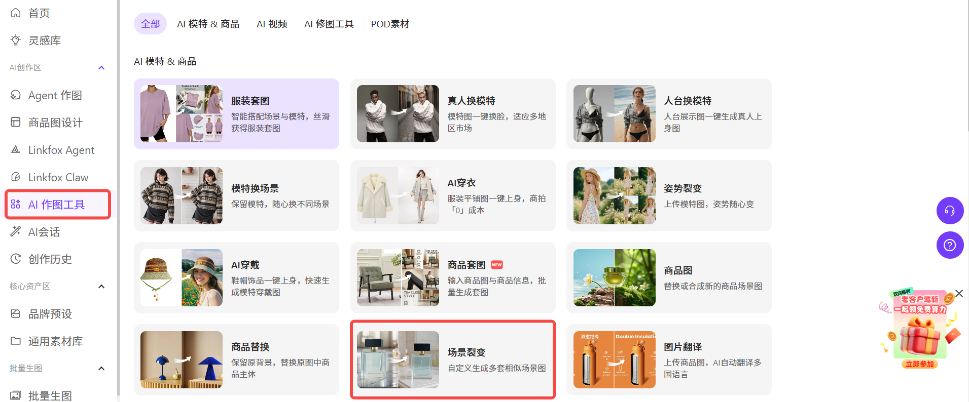 图片展示的是LinkFox AI作图工具的界面。左侧为功能导航栏，其中“AI 作图工具”被红色框突出显示。右侧是AI作图工具的分类展示，包括AI模特&商品、AI视频、AI绘图工具、POC素材等类别。在“AI模特&商品”类别下，有服装套图、真人换硬特、人台换模特等选项，其中“场景裂变”被红色框突出显示，其描述为“自定义生成多套相似场景图”。该图片与上下文紧密相关，直观呈现了AI作图工具中“场景裂变”功能的位置及分类情况。