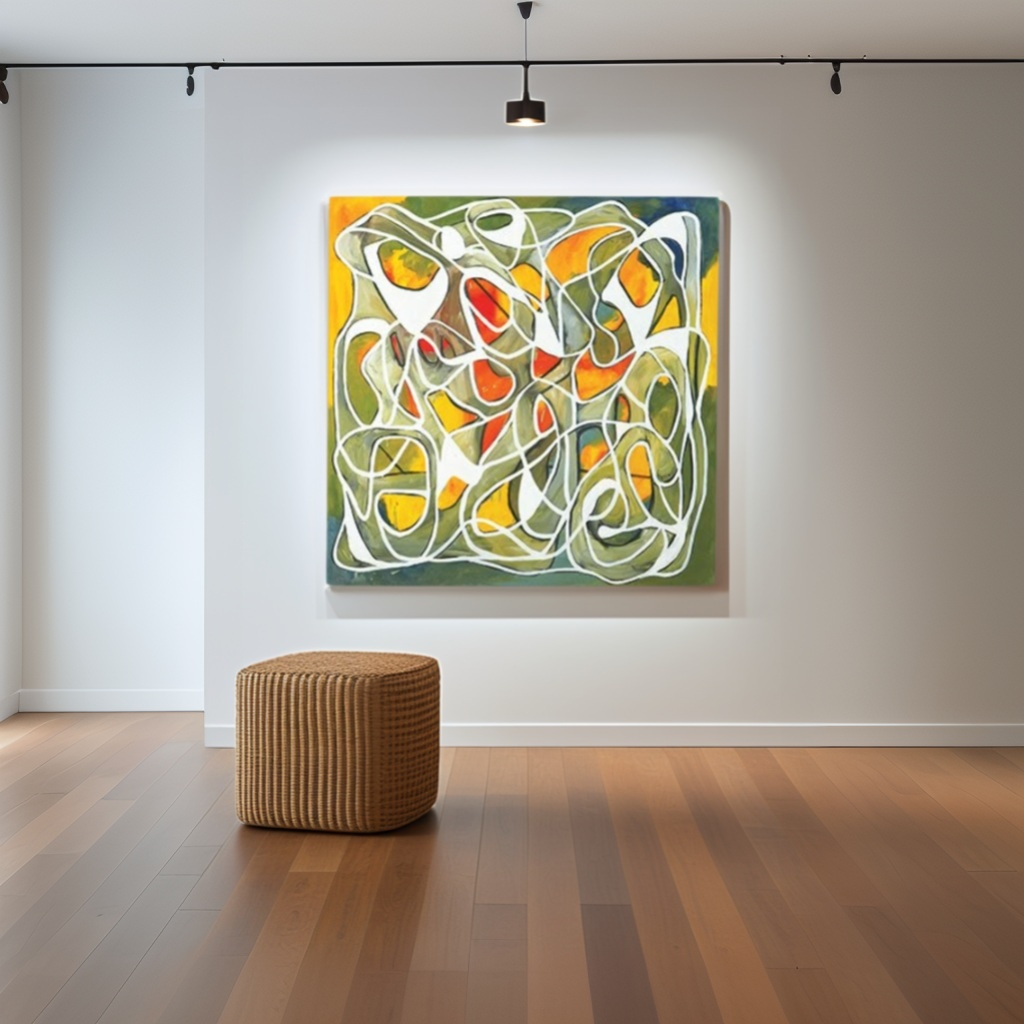 图片展示的是一个简约风格的室内场景。画面中，墙面为浅色，地面铺有木质地板。墙上挂着一幅抽象画，画作以黄色、绿色、白色为主色调，线条交织。画面左侧放置一个棕色编织材质的圆形坐凳。天花板上装有黑色轨道灯，画面整体简洁明快，突出了抽象画的艺术感。此图对应文档中“挂画”场景，直观呈现了简约场景下挂画的摆放效果。