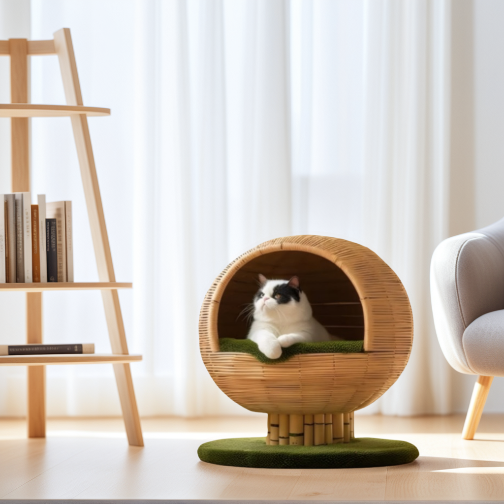 图片展示了一只黑白相间的猫咪，正躺在一个圆形的竹制猫窝里。猫窝底部和边缘有绿色的垫子，猫窝放置在木质地板上。背景中有一张白色沙发，左侧是一个木质书架，上面摆放着书籍和装饰品。右侧是白色的窗帘，整体环境显得温馨舒适。此图位于“宠物用品”场景裂变使用技巧文档中，用于展示宠物用品的场景效果。