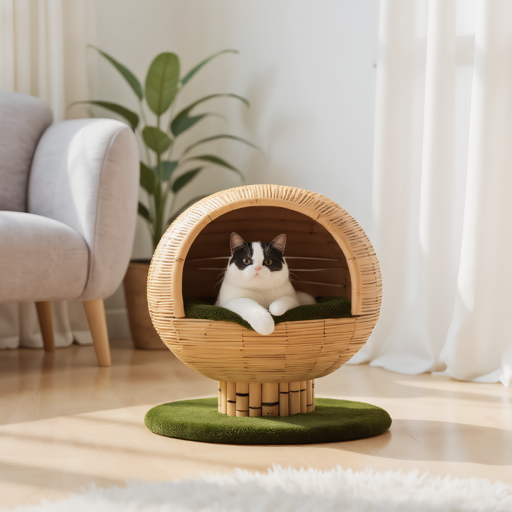 图片展示了一只黑白相间的猫咪，正躺在一个圆形竹编宠物窝里。宠物窝由竹条编织而成，底部铺有绿色垫子，置于木质地板上。背景中有一张灰色沙发和一盆绿植，旁边是白色窗帘，整体环境明亮温馨。此图位于“宠物用品”场景裂变使用技巧的图片部分，直观呈现了宠物用品在场景中的应用效果。