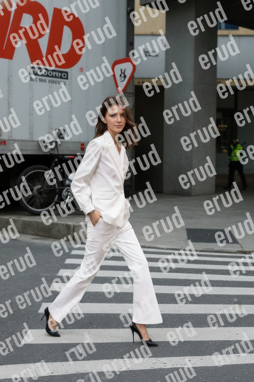 图片展示了一位穿着白色西装套装的女性，她站在斑马线上，背景是城市街道，有行人和车辆。图片上有“erud”水印。该图片对应文档中“去除水印”部分，用于展示原图，即需要去除水印的图片，以供后续图片编辑结果对比。