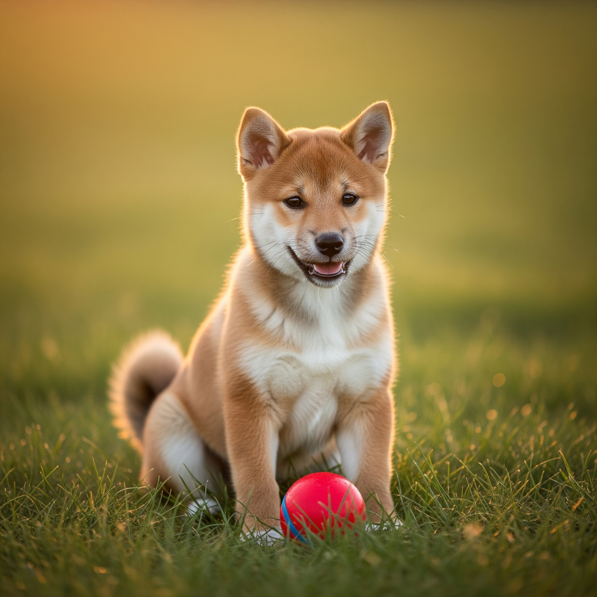 图片展示了一只可爱的柴犬，它坐在草地上，面前有一个红色的球。柴犬毛色为棕白相间，耳朵竖立，眼睛圆润，嘴巴微张，露出牙齿，显得非常活泼。背景是模糊的绿色草地和渐变的暖色调天空，营造出温馨的氛围。该图片与文档中“更换风格”部分相关，用于展示在智能修图中，将原图按指定提示词（如“积木”“漫画风格”）重新设计后的效果，以符合特定展示需求。