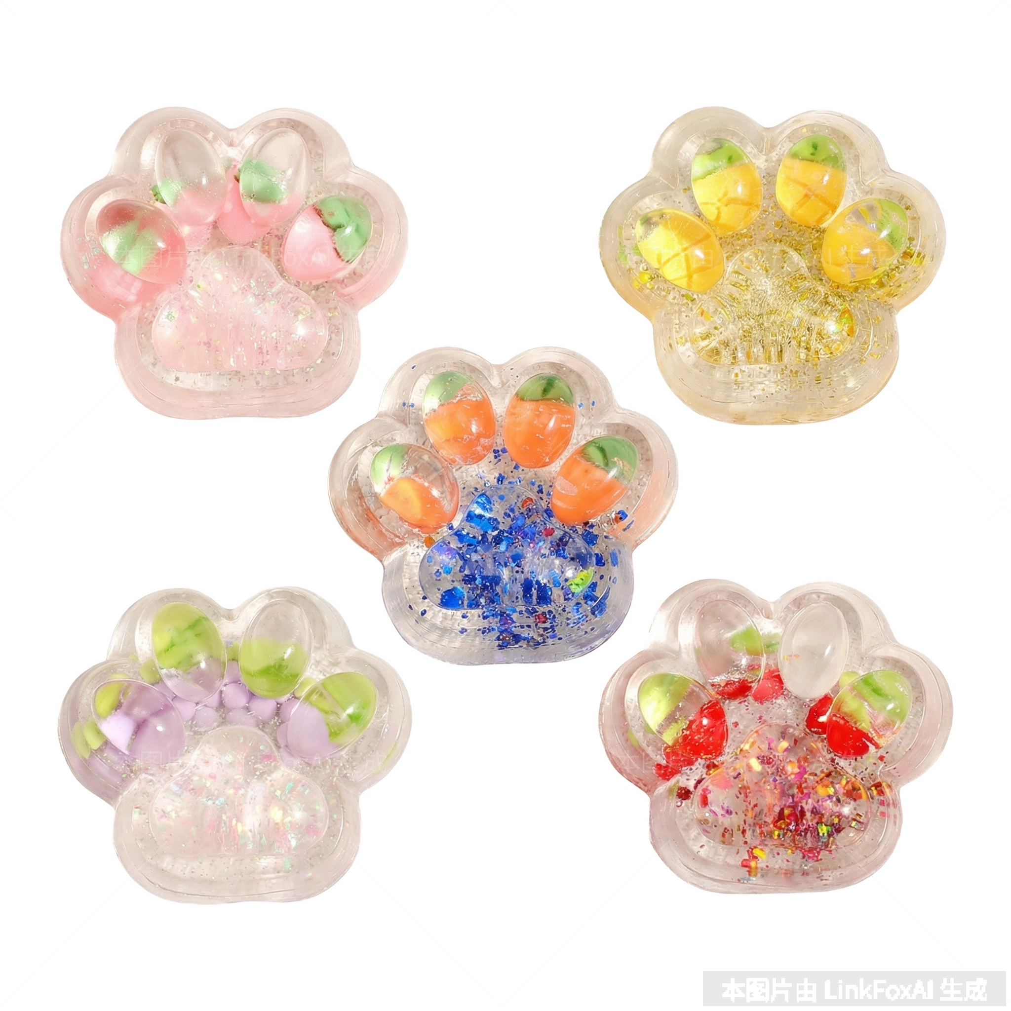 图片展示的是五款彩色透明的爪印造型物品。每个物品底部都有一个彩色的球体，球体上点缀着不同颜色的亮片。物品的透明部分呈现出 自动生成了精修的商品白底图，用于商品主图精修。