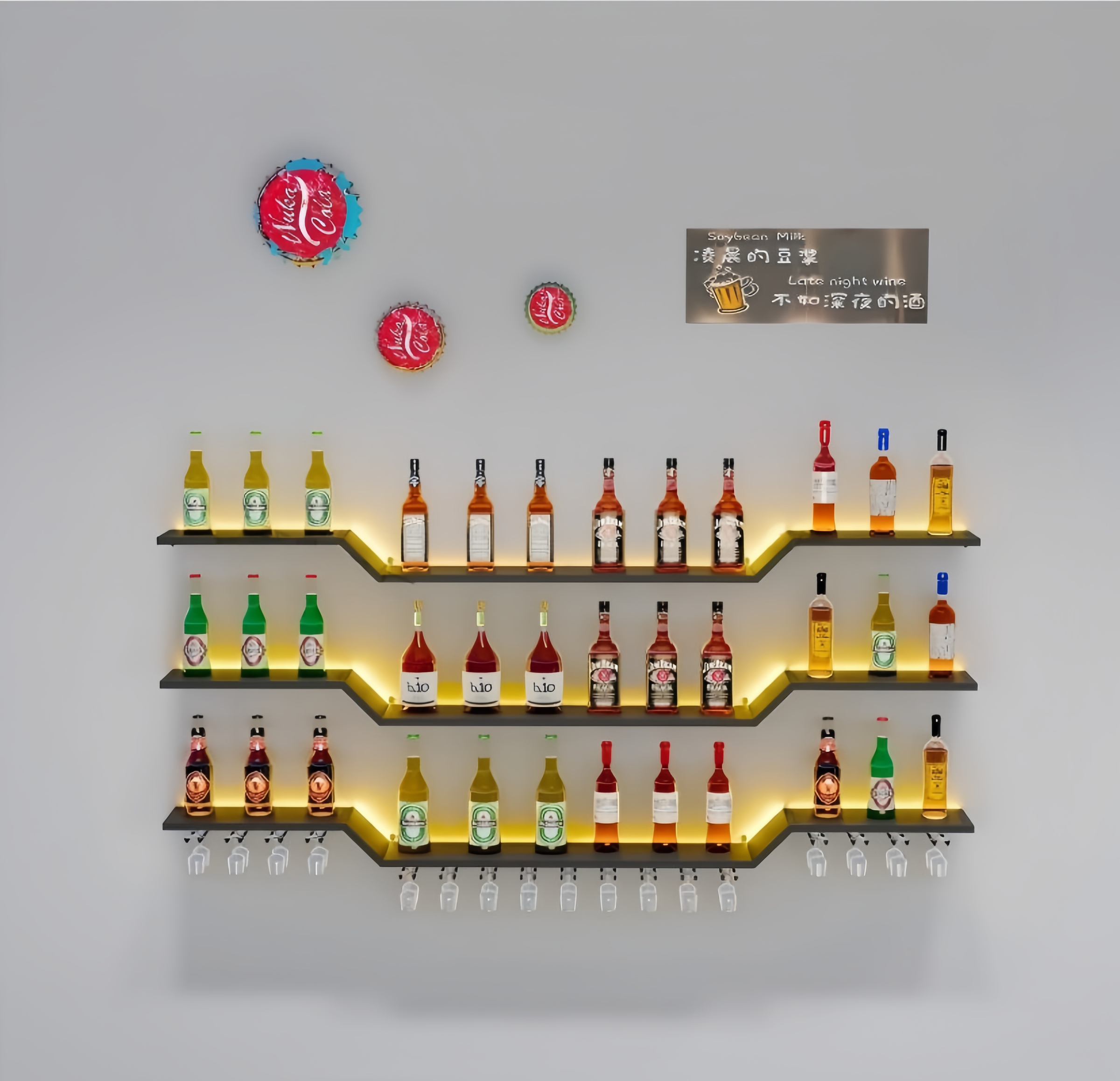 图片展示的是一个壁挂酒架，背景为浅灰色。。酒架由黑色木板制成，呈阶梯状排列，每层放置不同种类的酒瓶，酒瓶颜色多样，有透明、绿色、红色等。酒架上方有三个圆形装饰物，分别为红色、蓝色和黑色，中间还有一块黑色的装饰板，上面有白色文字。该图片与文档中 addCriterion图片内容