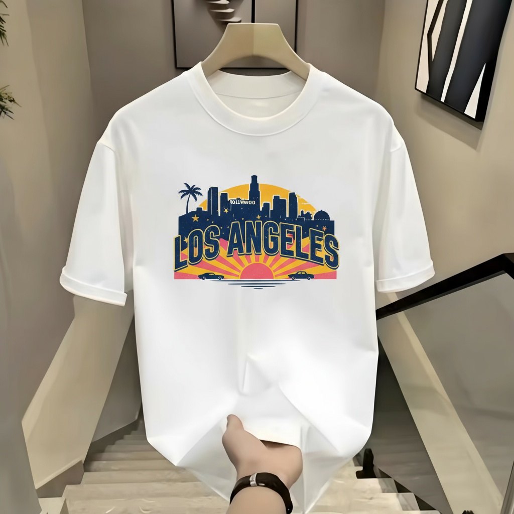 图片展示了一件白色短袖T恤，T恤正面印有“LOS ANGELES”字样及城市剪影图案，背景为日出或日落景象。T恤被挂在白色衣架上，衣架置于室内环境中，背景有楼梯、墙面装饰画等。该图片对应文档中“修改商品款式/形状”场景下的示例，提示词为“将上衣改为V领短袖款式，保留上衣原有的橙色”，用于展示智能修图在修改商品款式方面的应用效果。