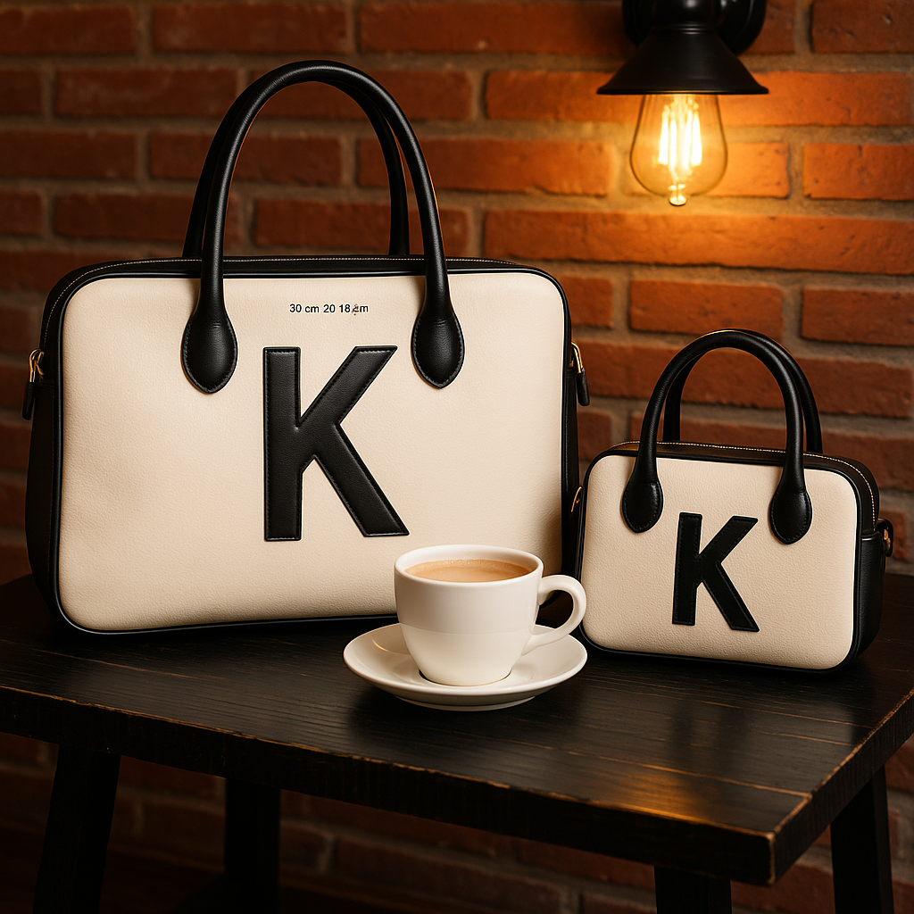 图片展示了一张替换商品图并新增场景中物品的效果图。画面中，一张黑色木质小桌上摆放着一杯咖啡和一个白色带黑色“K”字母的包，旁边还有一个小号的同样设计的包。背景为红砖墙，右侧还有一盏复古灯。该图对应文档中“替换商品图，并新增场景中物品”使用场景，提示词为“替换桌子上的包包，桌子上放一杯奶茶”，生图结果表现提示词遵循度较好，原商品还原度较高，整体搭配较协调。